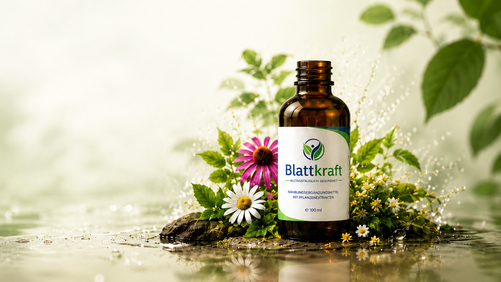 Blattkraft-Flasche mit Pflanzen und Blüten