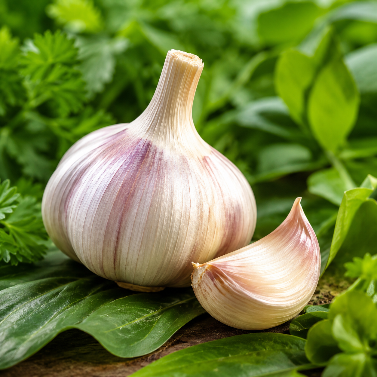 Knoblauch auf einem grünen Blatt