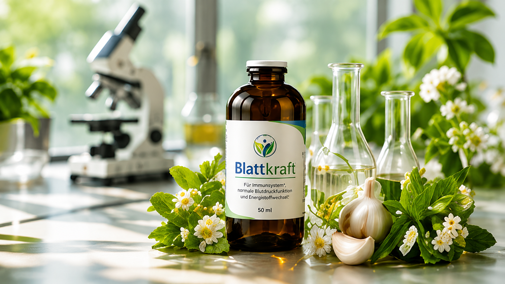 Blattkraft Produktflasche in einer hellen Pflanzen- und Laborumgebung